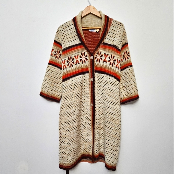 Vintage Boho 60's 70's Fall Color Aztec Button Front Belted Cozy Long Sweater - Picture 3 of 14